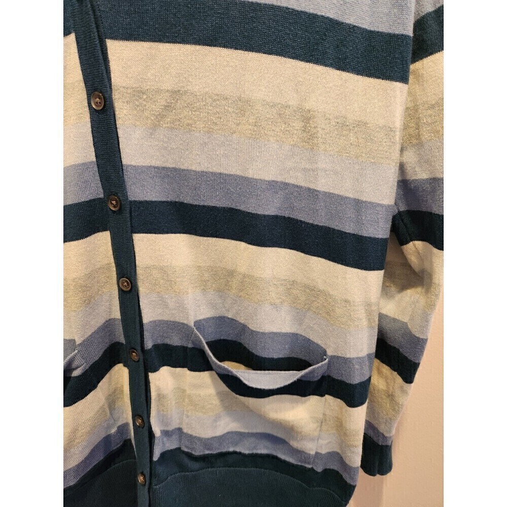 Lands End Womens Button Down Cardigan 100% Supima Cotton Sz L Blue/grey Stripe - Picture 2 of 9